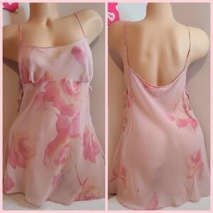 VTG Victoria's Secret 100% Silk Side Tie Babydoll Chemise Size Lg Pink Roses